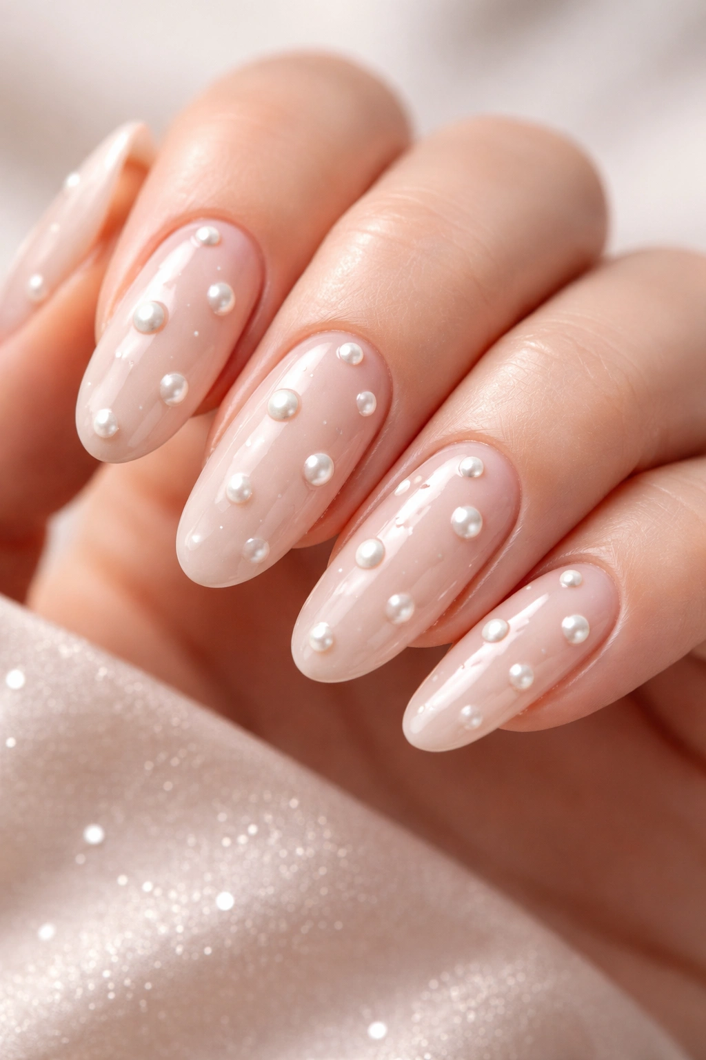 Close-up of long round nails with pearl-dot design on nude base