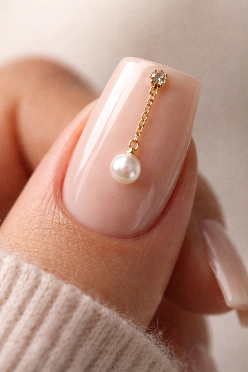 Close-up of a duck nail with nude base and delicate pearl charm.