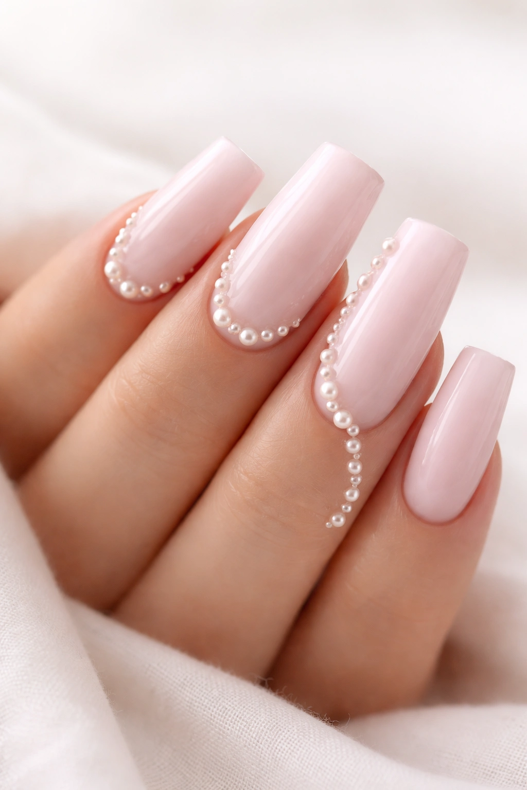 Duck-nail nails with soft pink base and tiny pearl embellishments along the cuticle