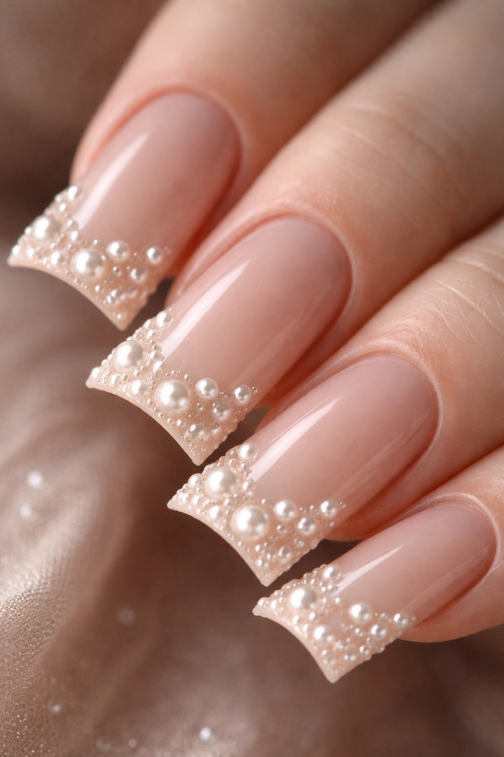 Close-up of a duck nail with scattered micro-pearls on a nude base along the curved tip.