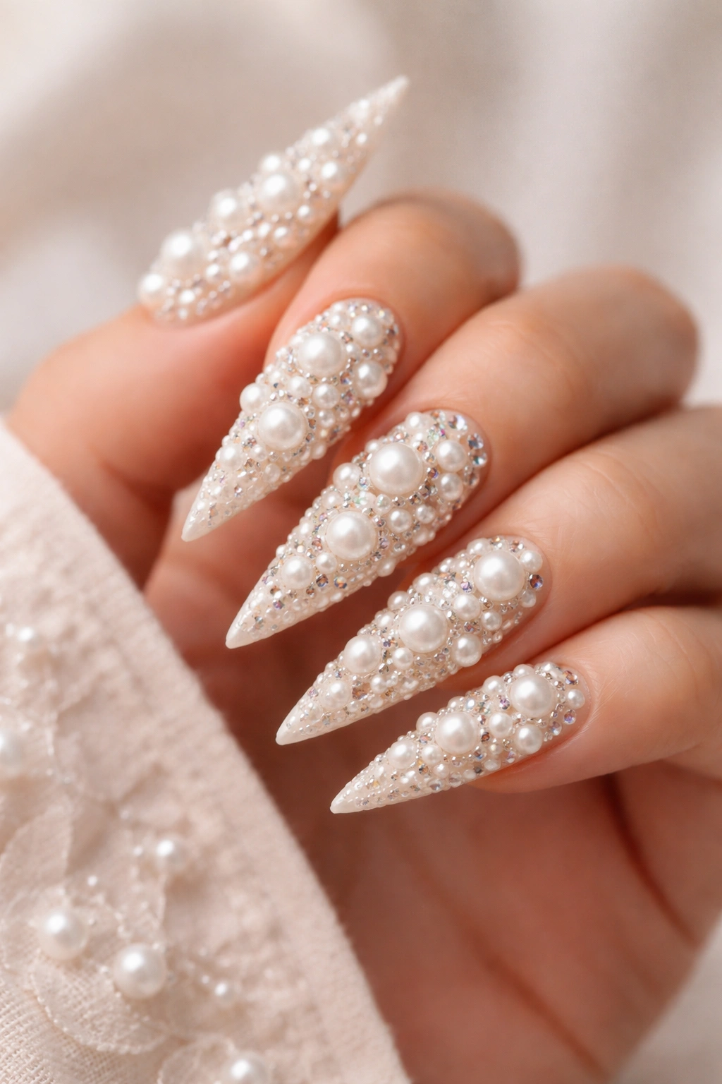Macro of pearl-encrusted stiletto nails on cream base with 3D texture