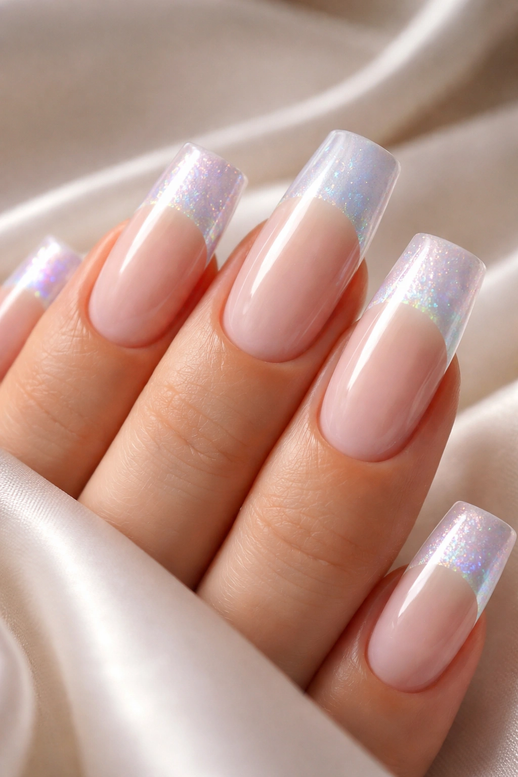 Duck nails with pearl ivory base and iridescent shimmer at tips.