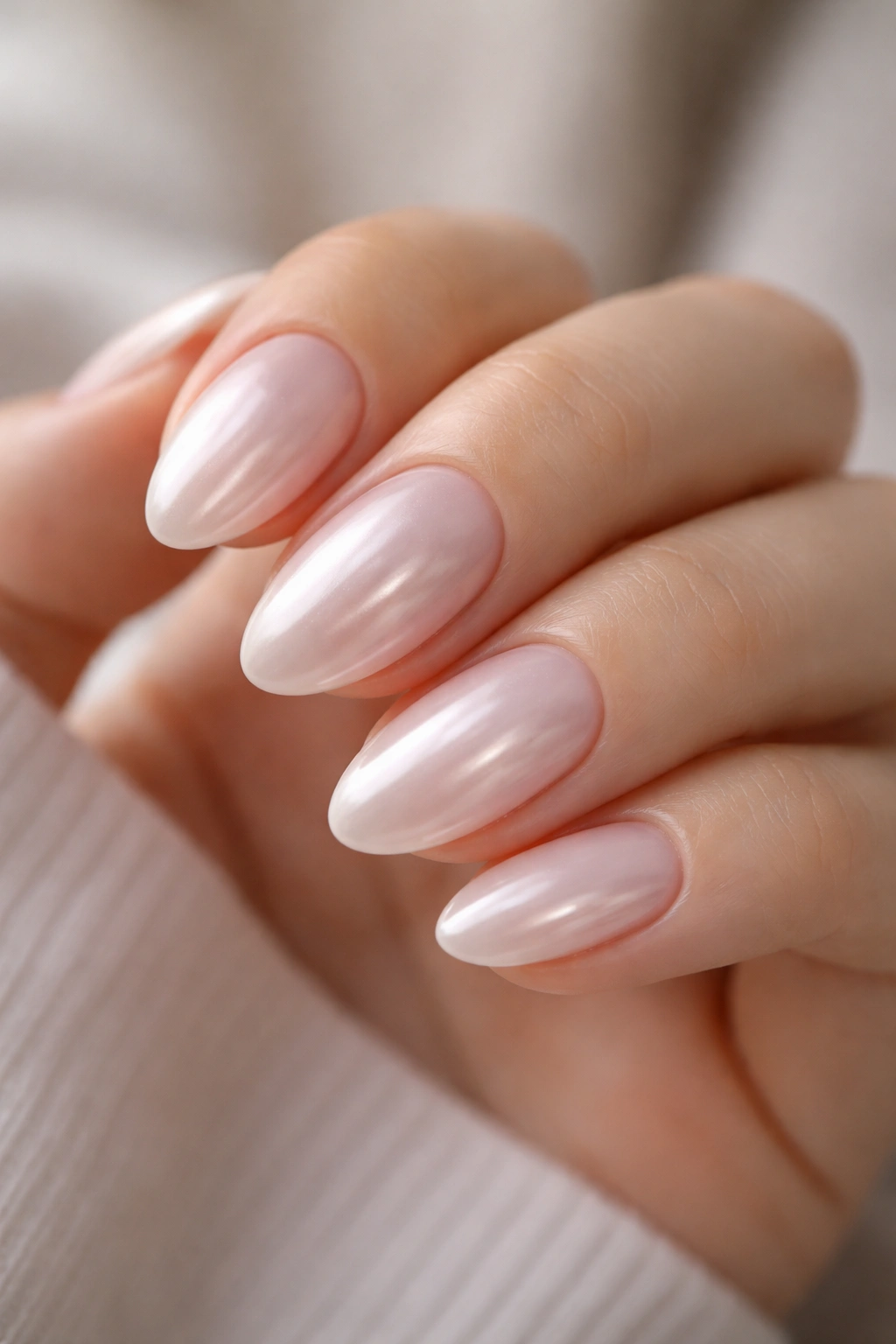 Close-up of short almond nails with pearlescent shimmer on pale pink base