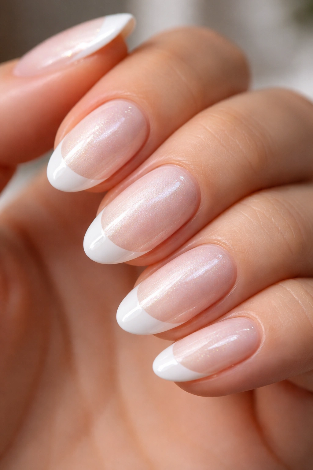 Close-up of short almond nails with pearl-finish base and white tips
