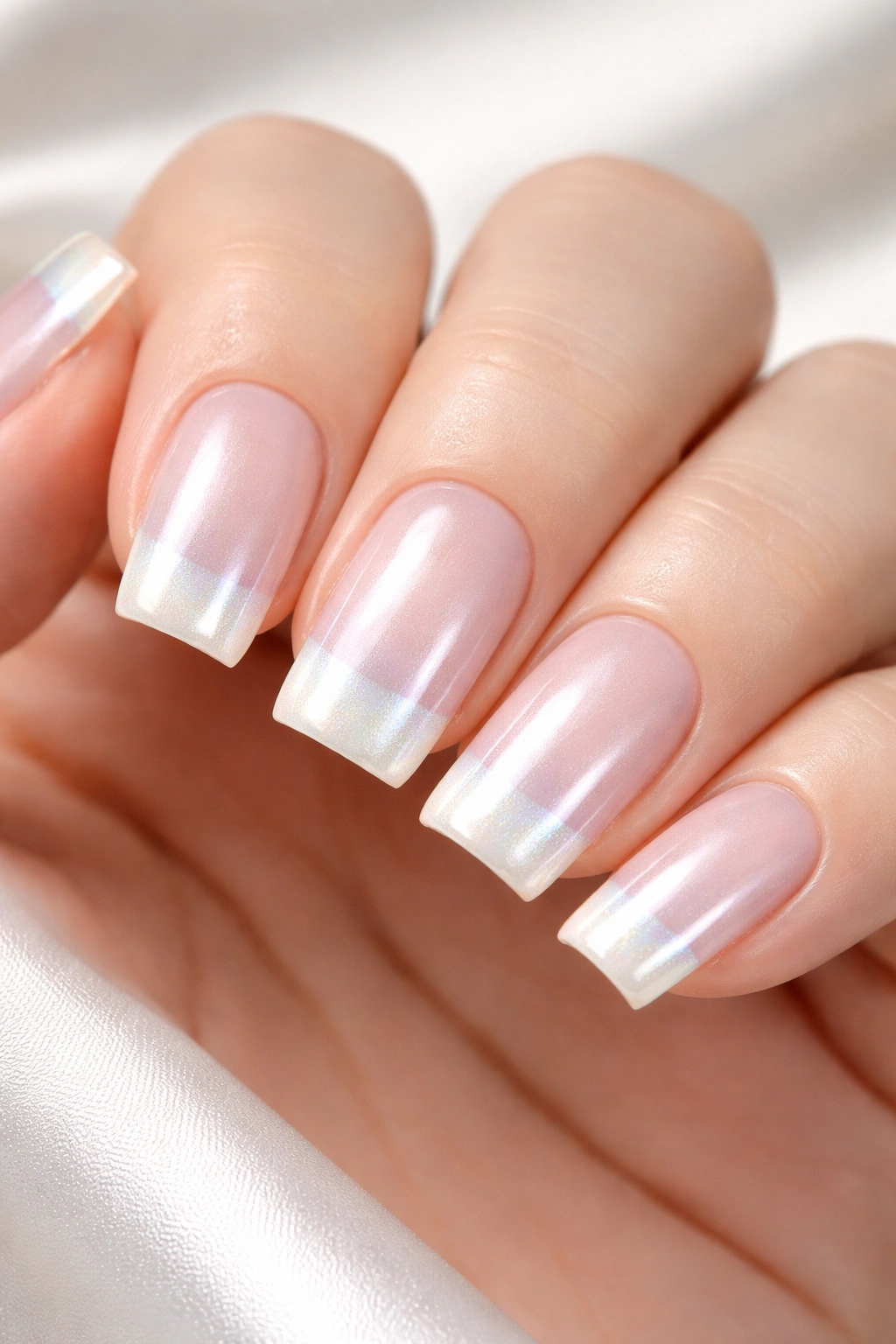 Nails with pearlescent finish on soft square tips