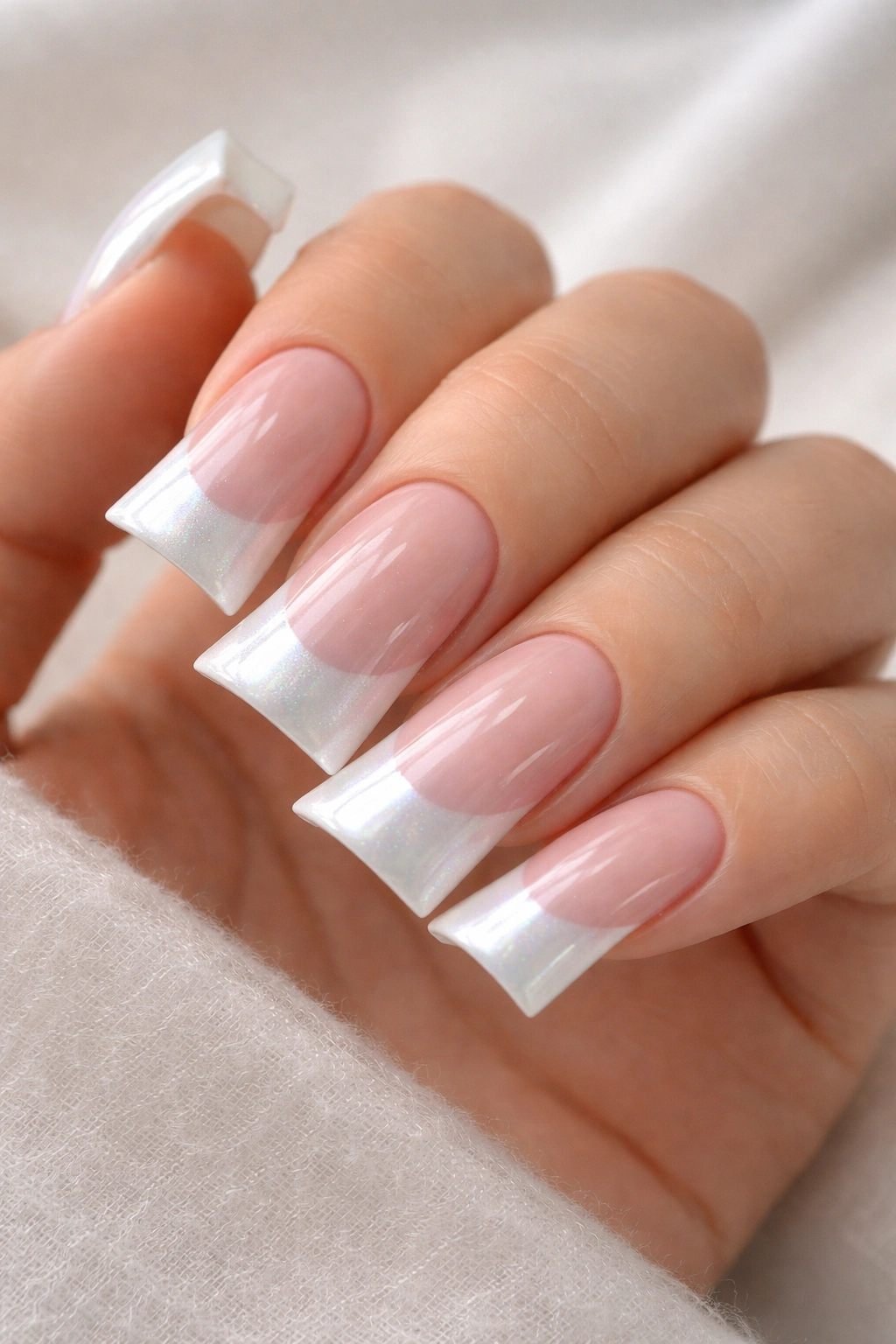 Close-up of duck nails with pearl finish white tips on a nude base, iridescent shimmer.