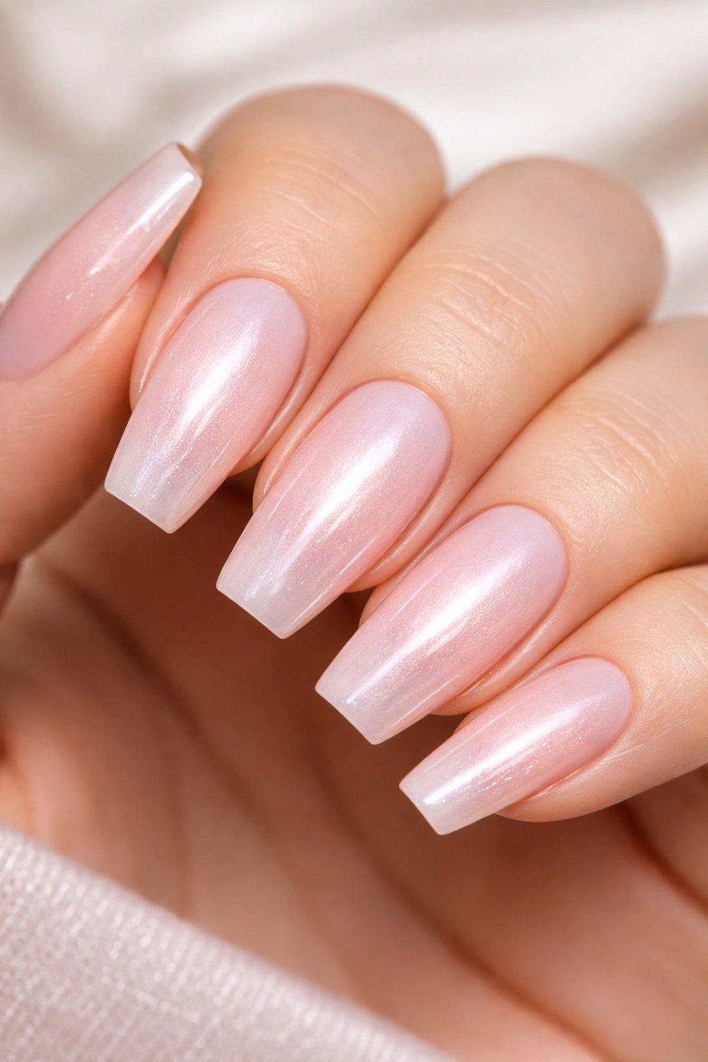 Pearlescent light pink coffin nails close-up