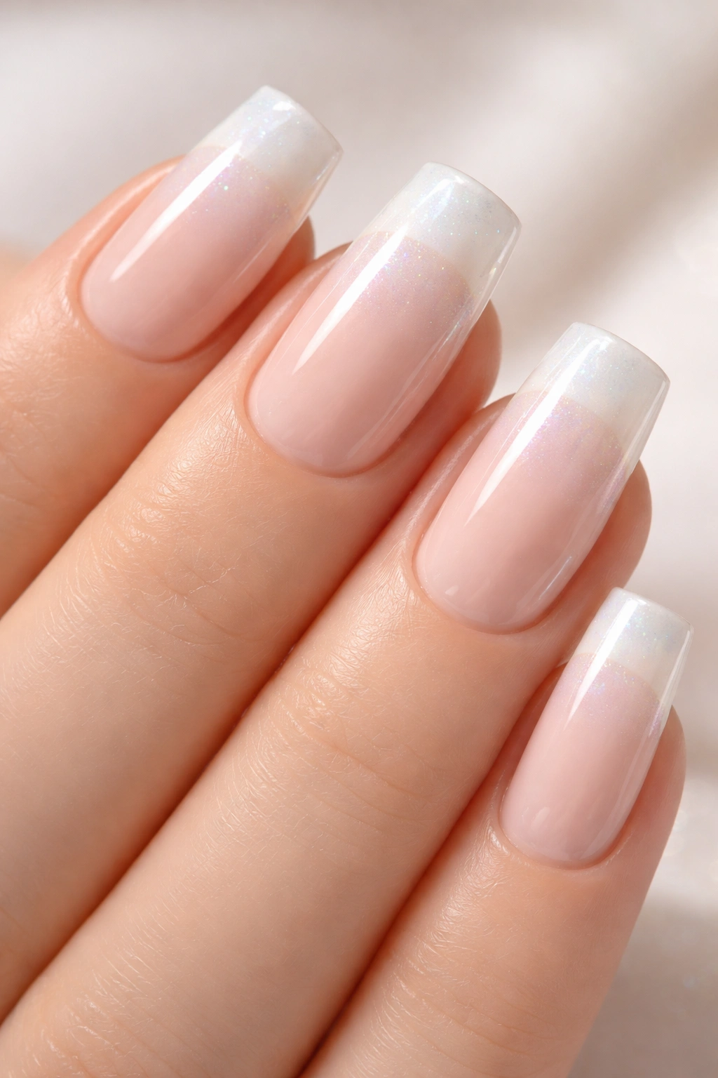 Close-up of soft square nails with a pearl-iridescent French tip.