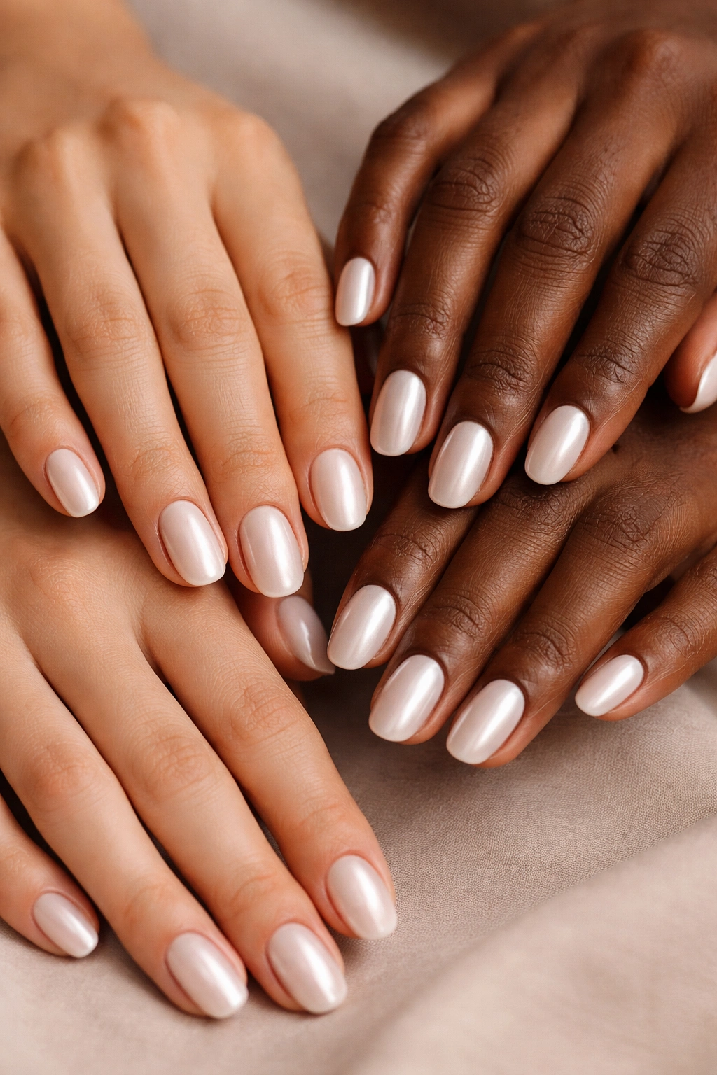 Hands with short oval nails in various pearl finishes on different skin tones