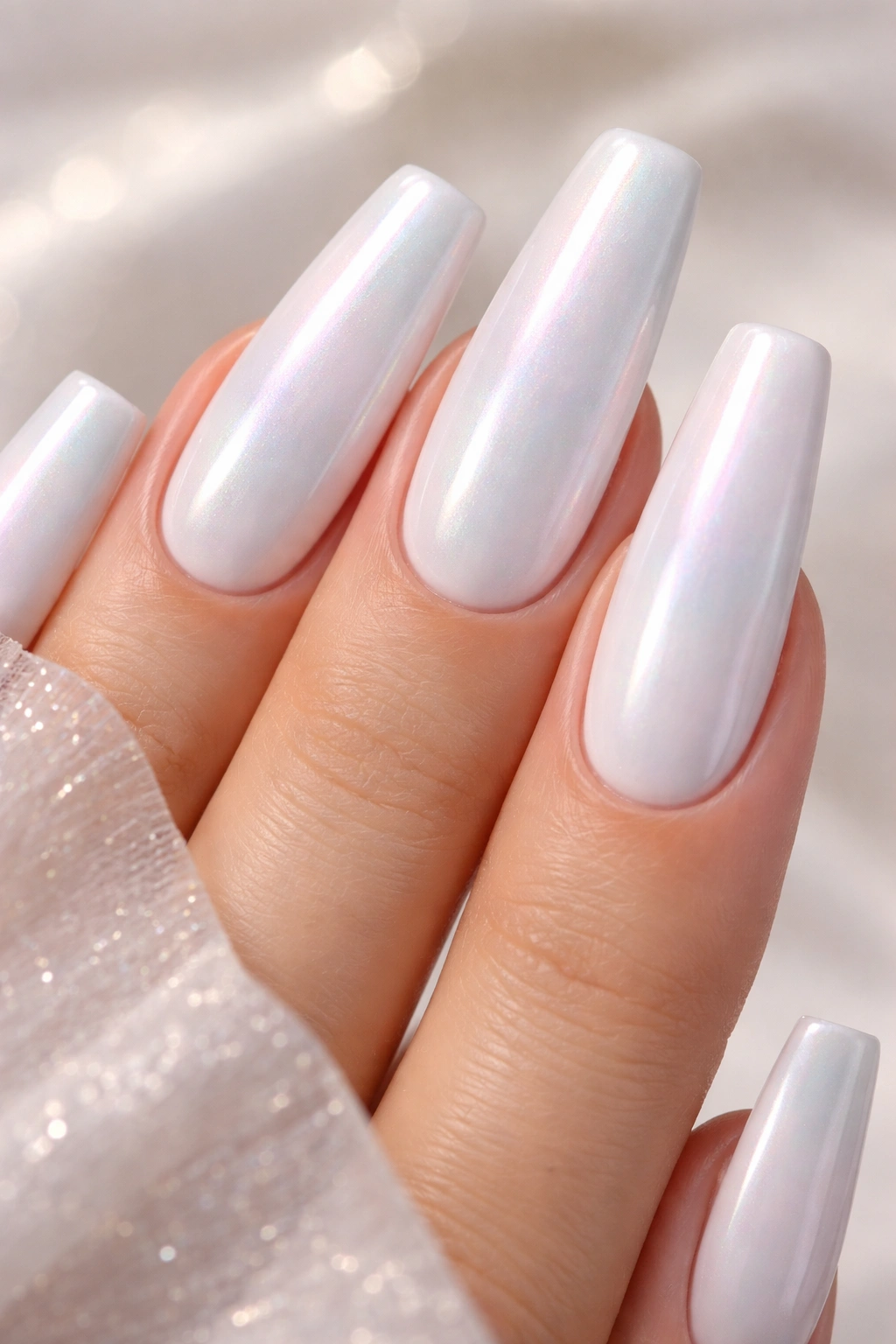 Close-up of white coffin nails with soft iridescent pearl shimmer