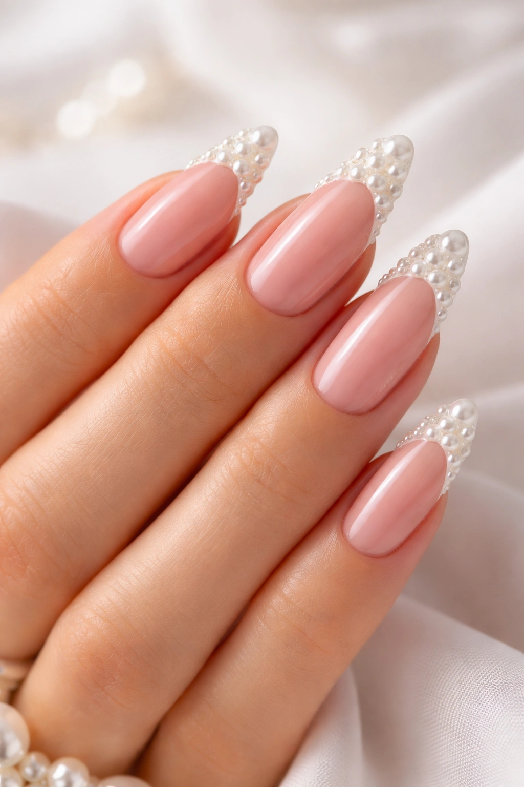 Long almond nails with nude base and pearl accents along tips