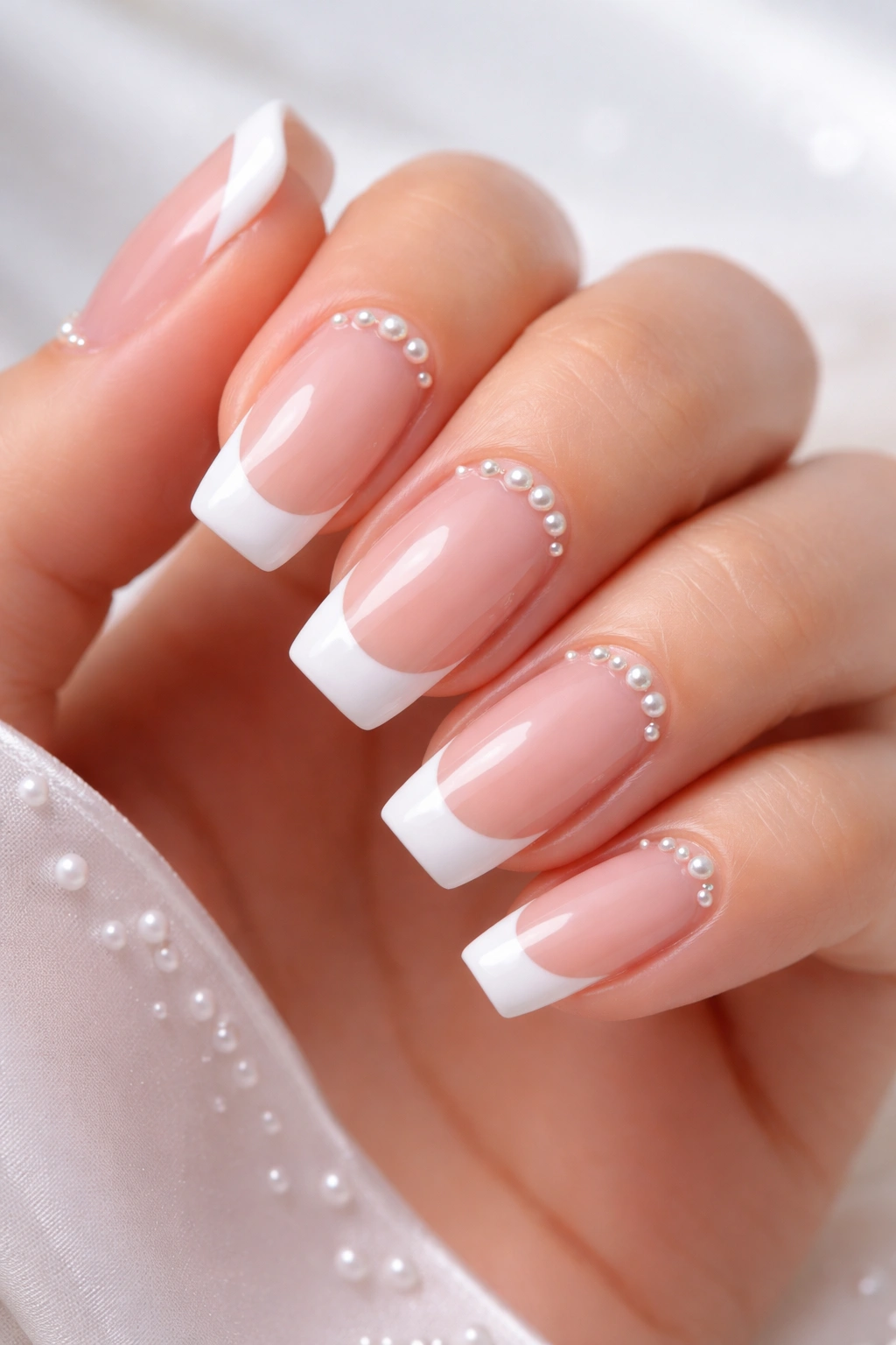 Close-up of classic French nails with pearl accents on nude base