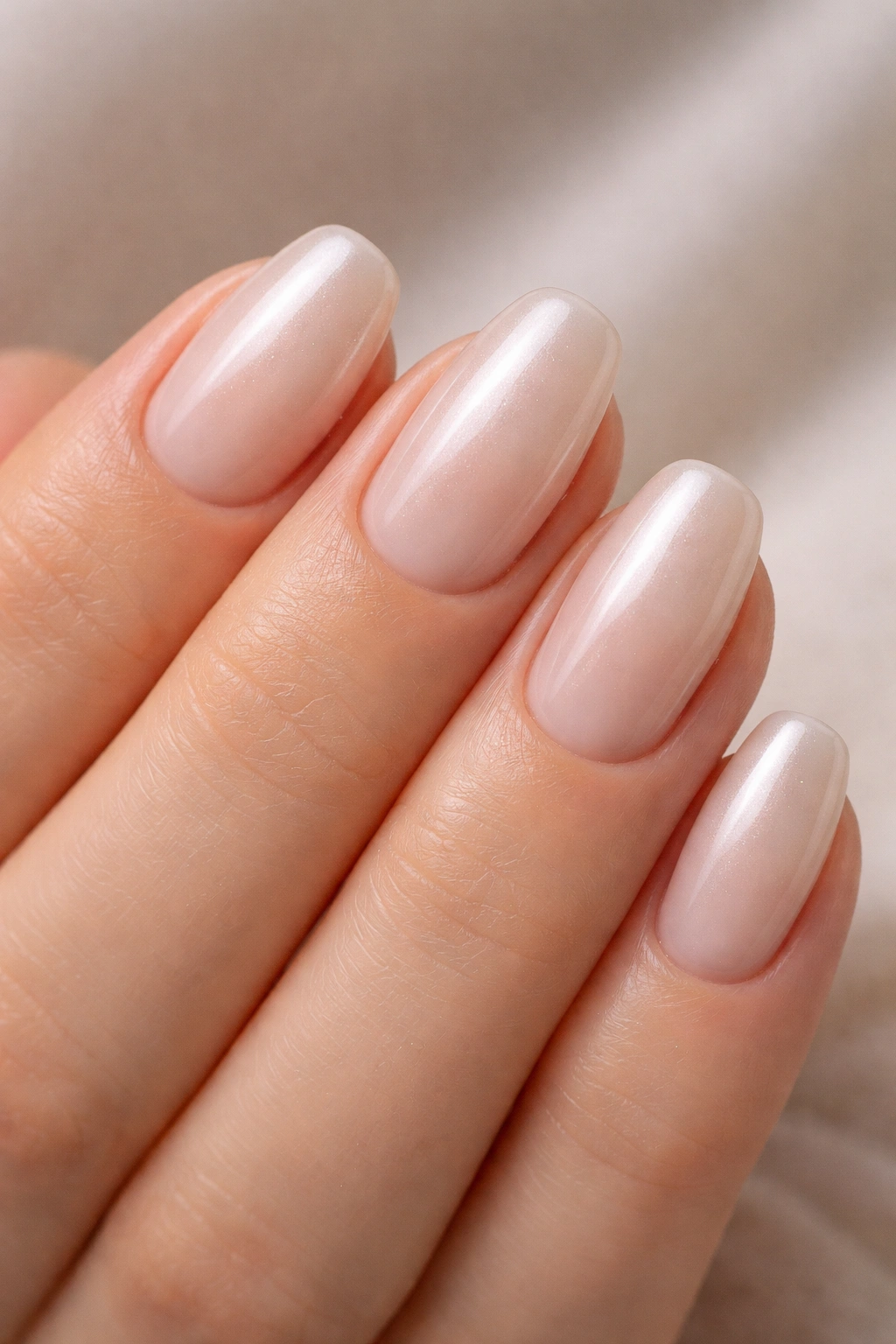 Close-up of milky beige nails with subtle pearl glaze