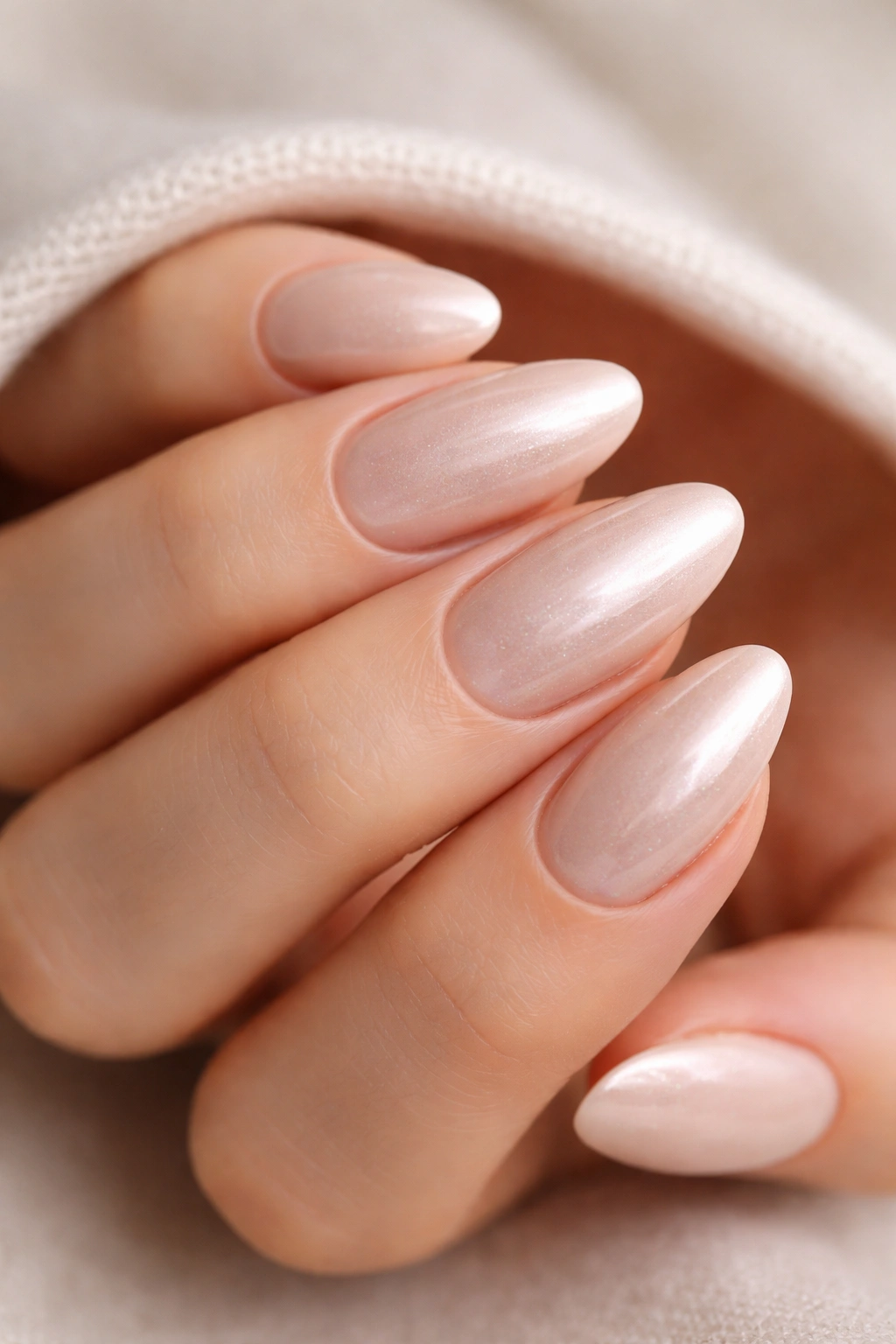 Almond nails with pearl glaze in ivory-beige tones
