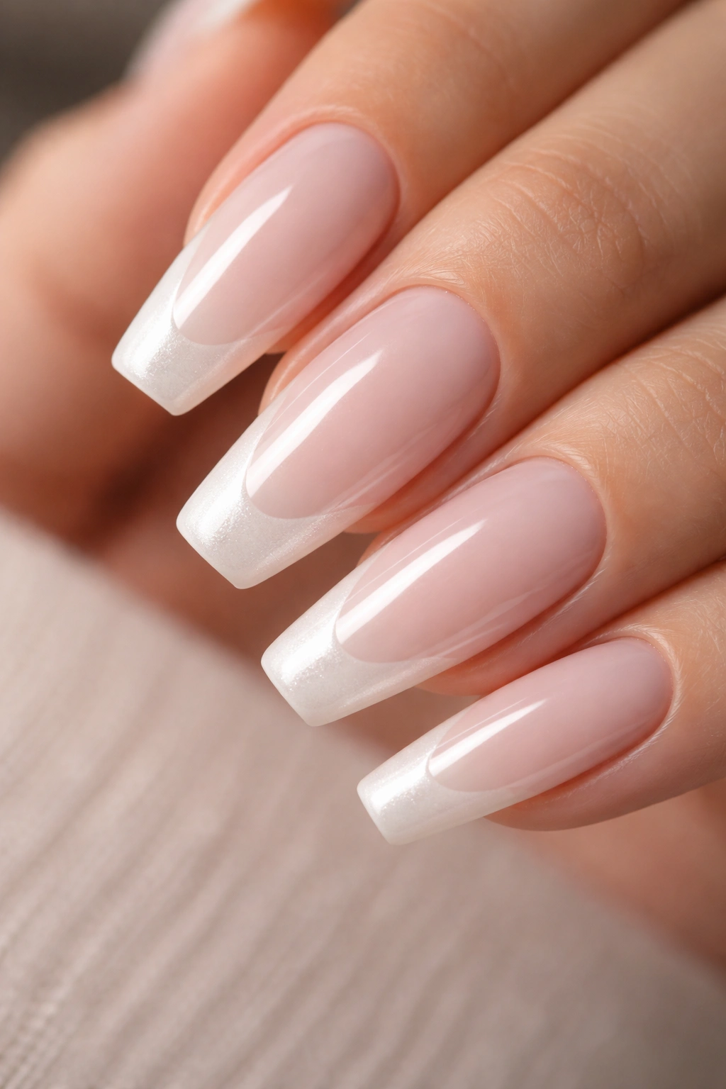 Close-up of ballerina nails with pearl glaze French tips on milky pink base with satin sheen