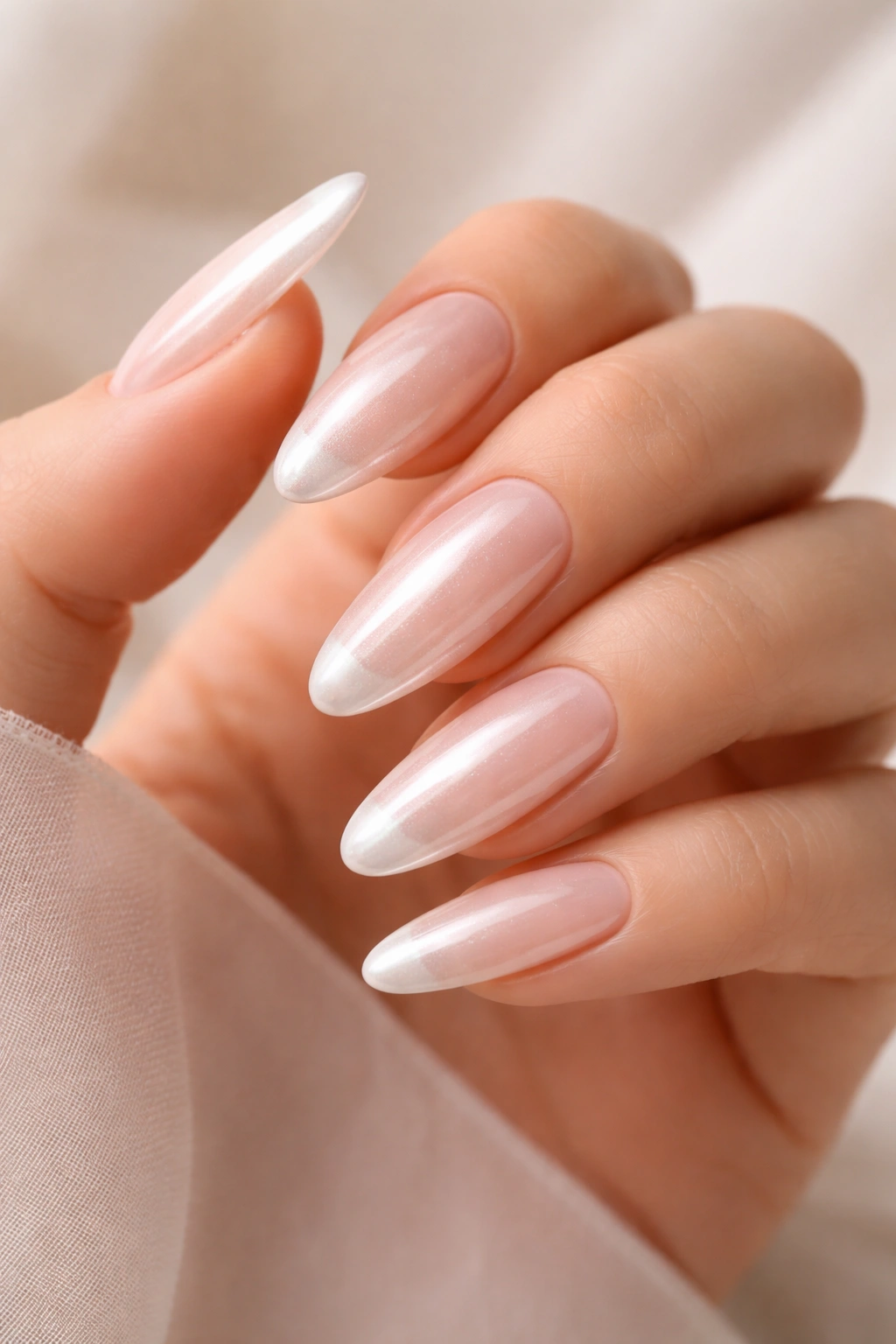 Almond nails with pearl-glazed tips on a sheer nude base.