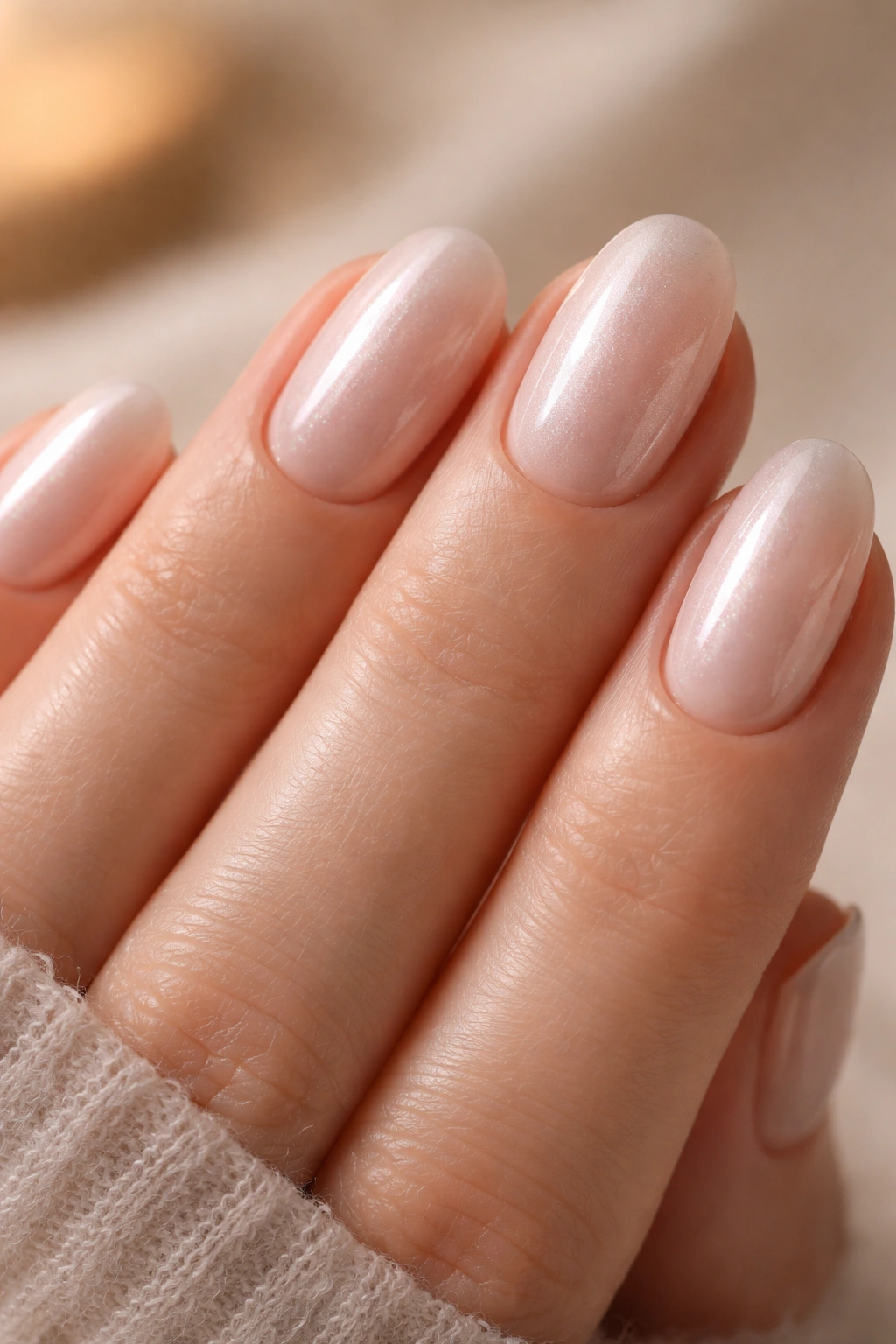 Close-up of short oval nails with nude base and pearl glaze on a neutral background