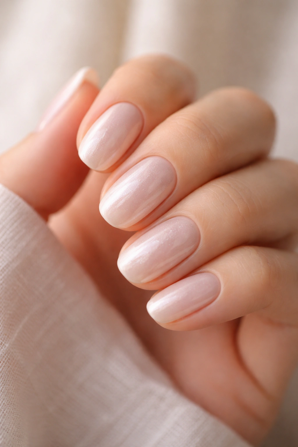 Close-up of short oval nails with pearl glazed nude finish