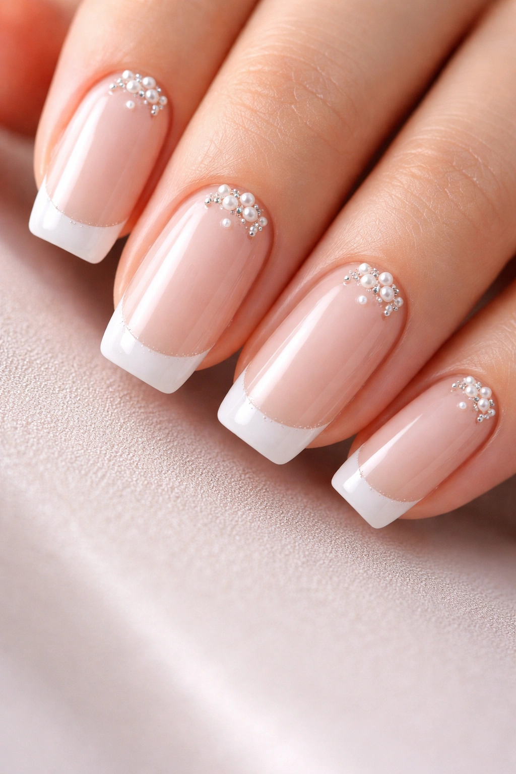 Close-up of pearl and glitter accent French tips on soft square nails