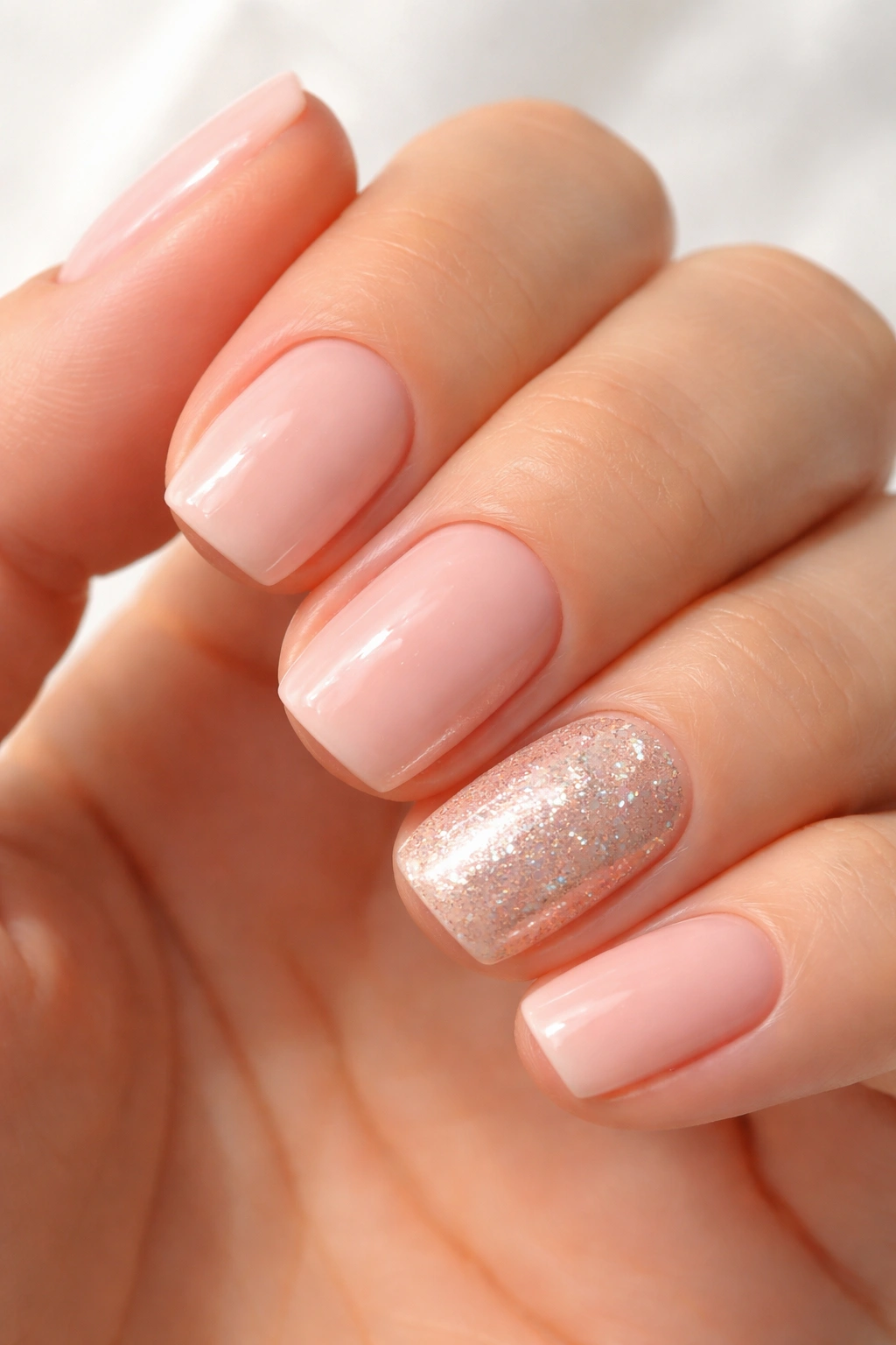 Accent nail with pearlescent glitter on soft pink nails