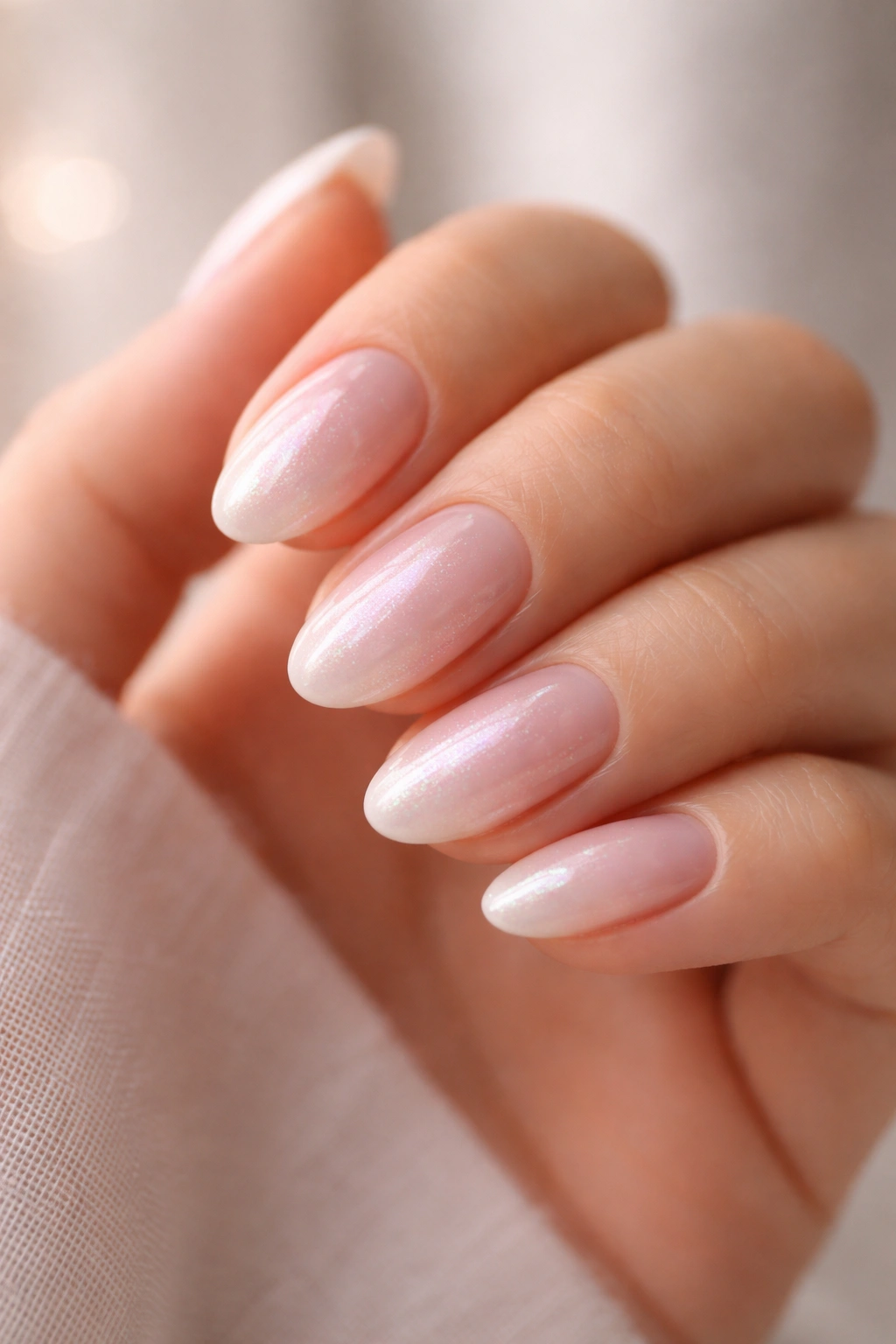 Close-up of short almond nails with pale opalescent pearl glow over nude base