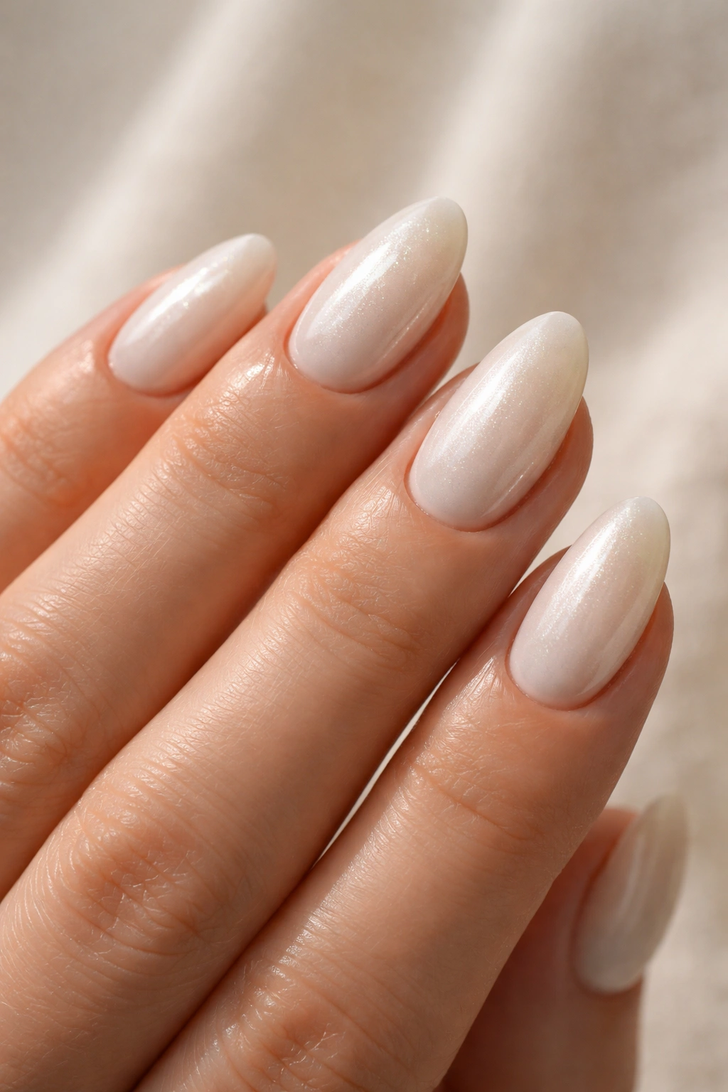 Close-up of pearl-glow off-white almond nails showing nacre shimmer