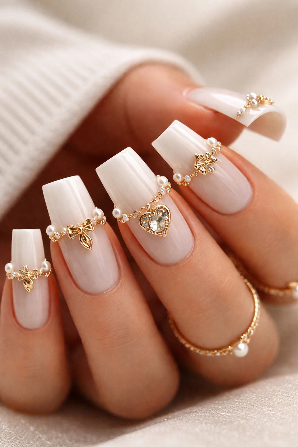Close-up of Classic Pearl and Gold Charm Duck Nails showcasing white duck nails with pearl charms and gold accents.