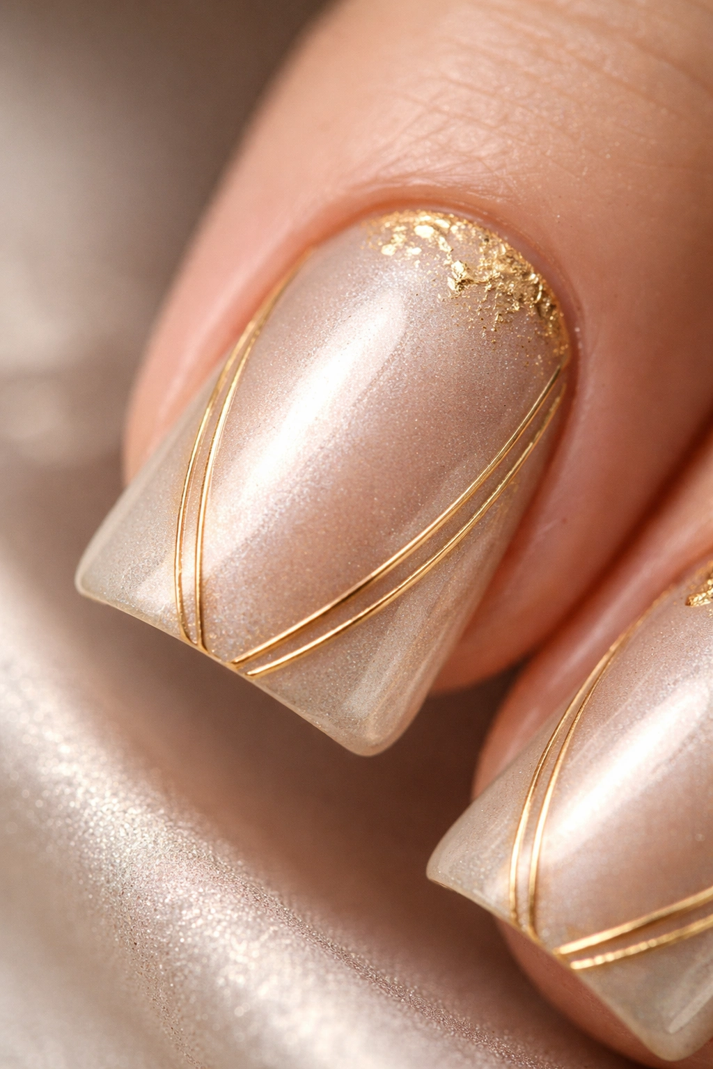 Close-up of a short duck nail with pearl finish and gold accents on a champagne base