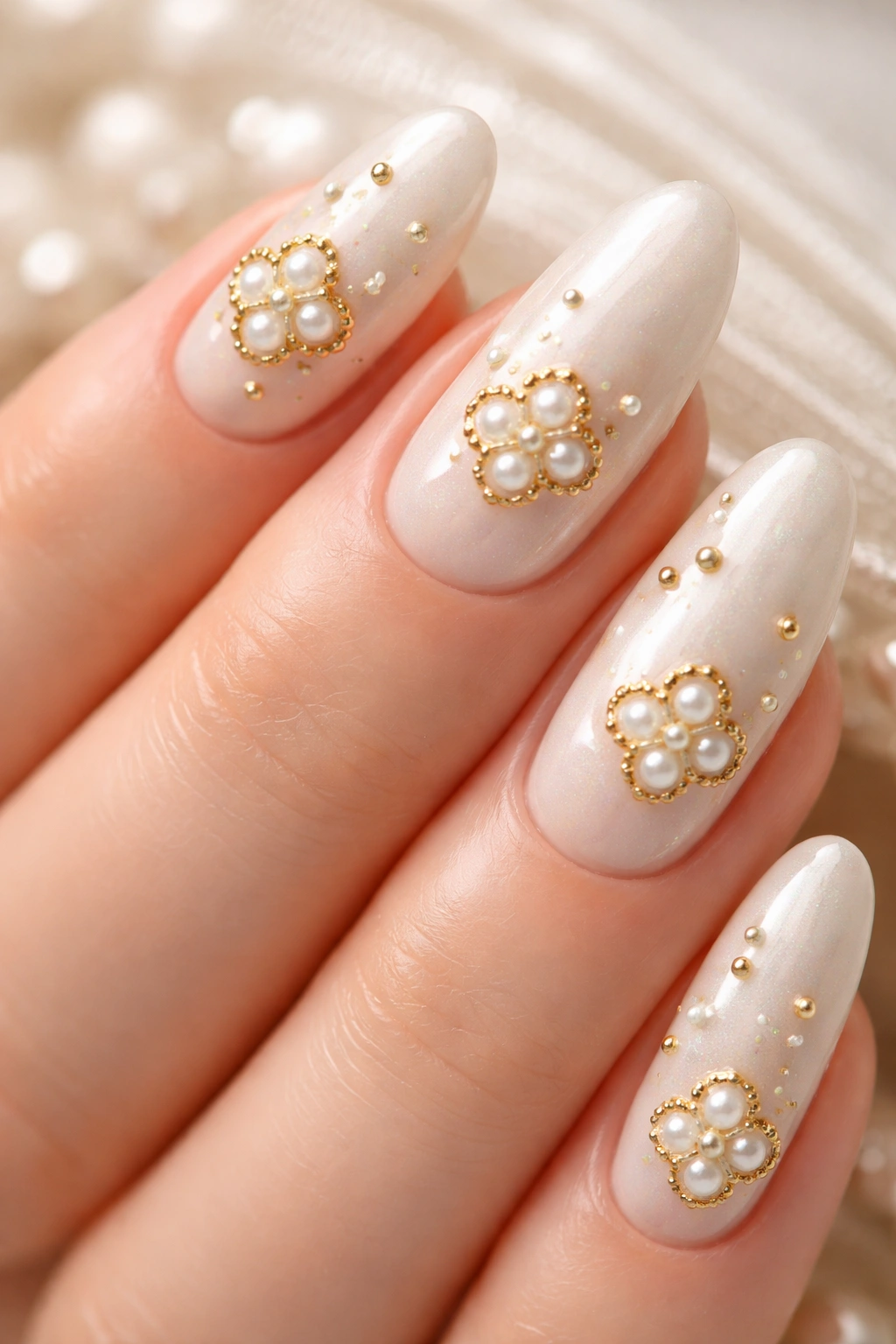 Creamy pearl nails with gold studs arranged stylishly