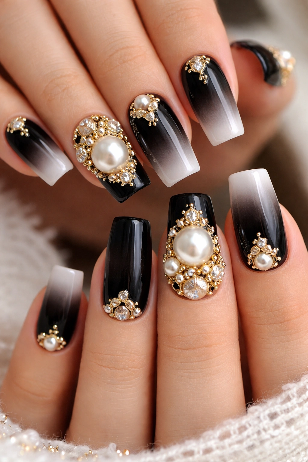 Close-up of hands with black ombre nails featuring large pearls and gold charms