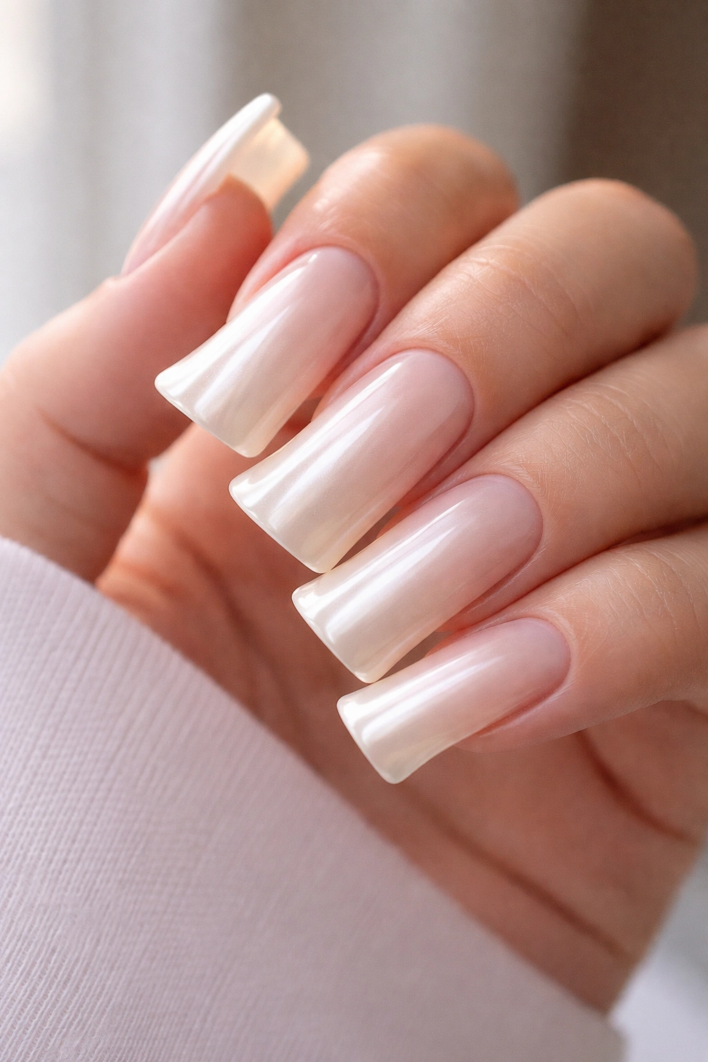 Close-up of classic pearl gradient duck nails on a hand with a white-to-cream gradient