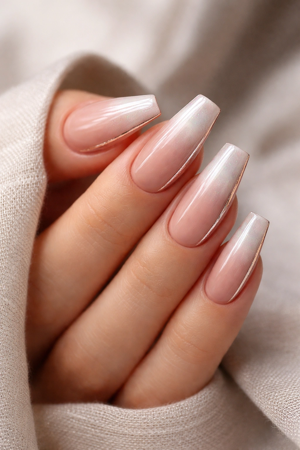 Close-up of coffin nails with pearl gradient and rose gold metallic accent.