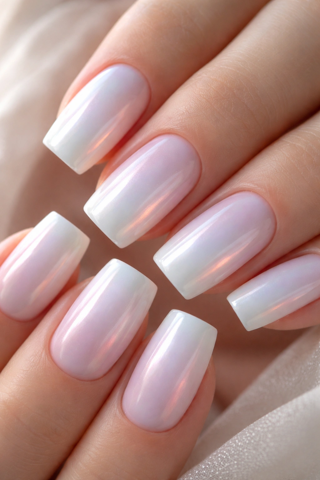 Close-up of nails with pearl gradient and iridescent shift