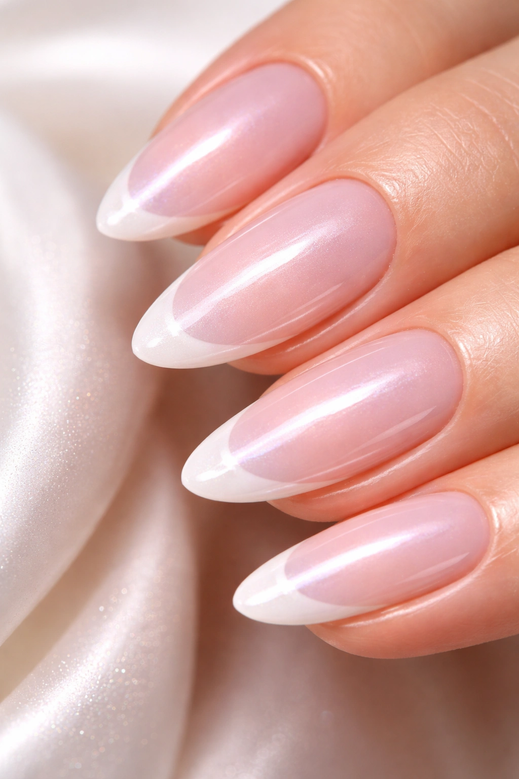Pink and white nails with pearl iridescent finish