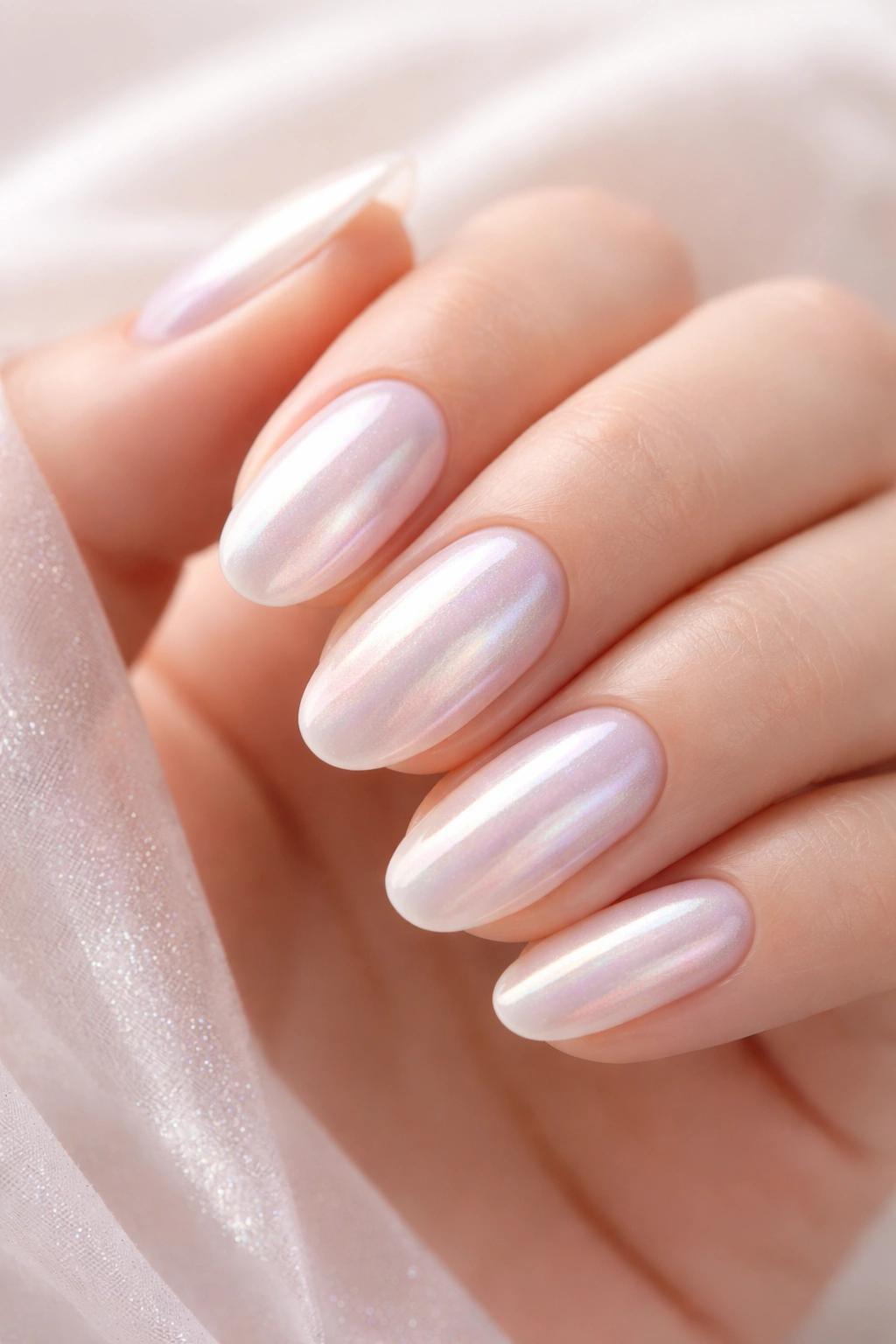 Nails with pearl and iridescent finish displaying soft shimmer