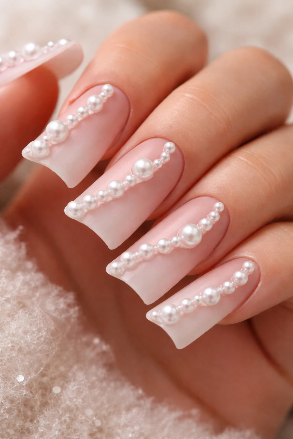Nails featuring pearls on a matte finish for contrast