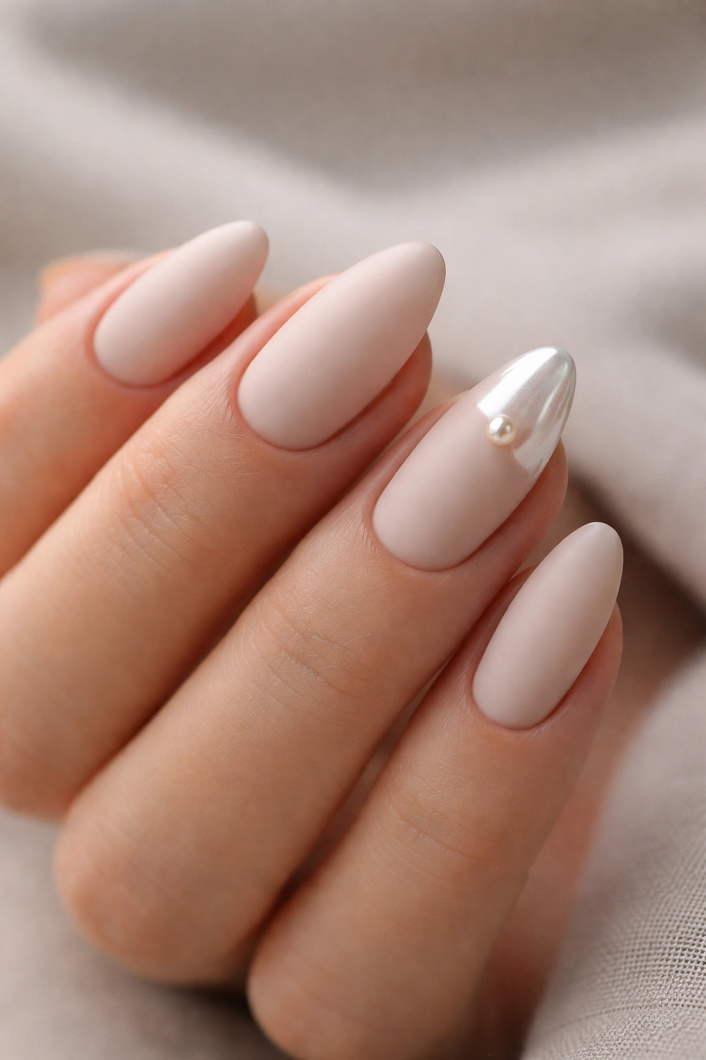 Close-up of short almond nails with matte base and pearl accent.