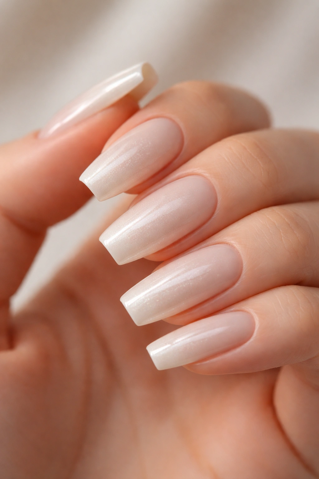 Close-up of pearl milk ballerina nails with milky ivory base and pearl sheen.