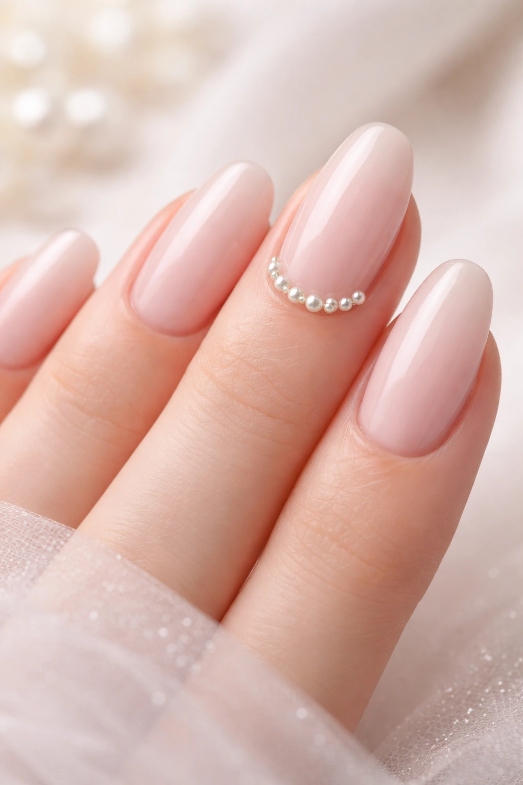 Close-up of nails with pearl accents on a nude base