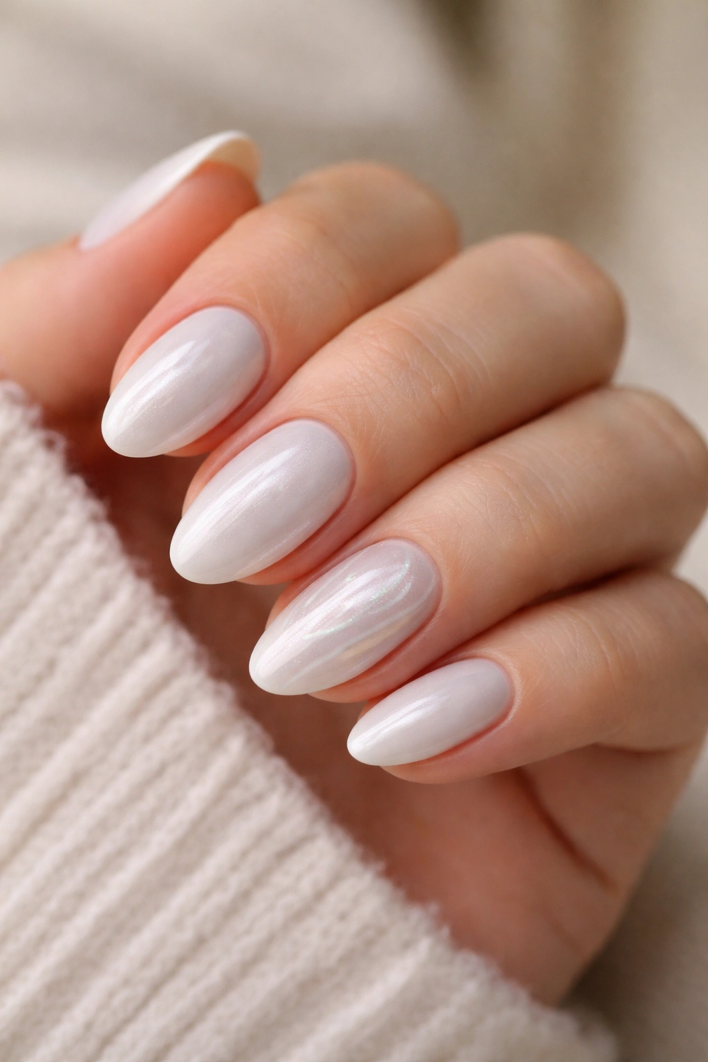 White pearl almond nails with a single soft accent nail