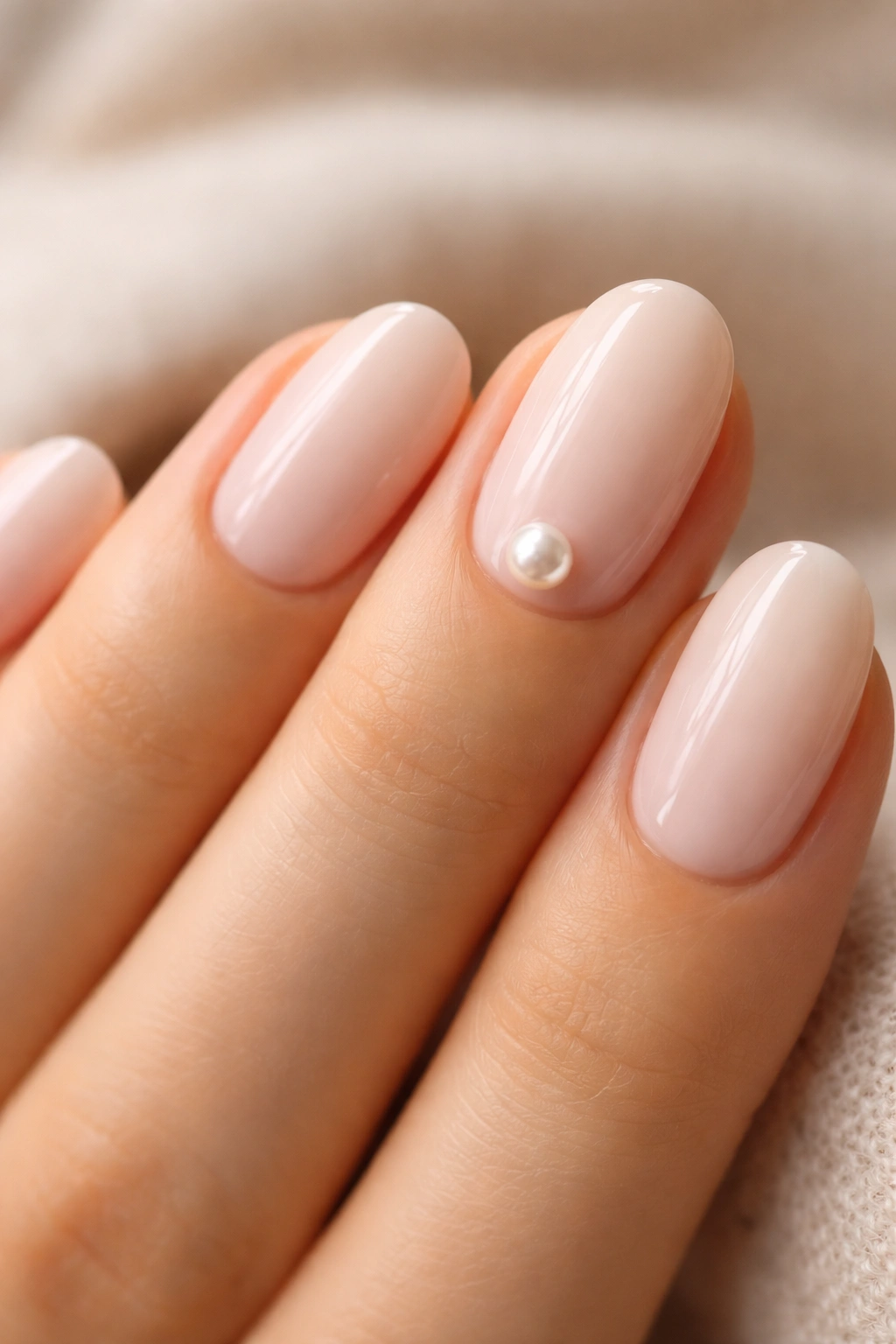 Short oval nail with a single pearl accent on a milky nude base