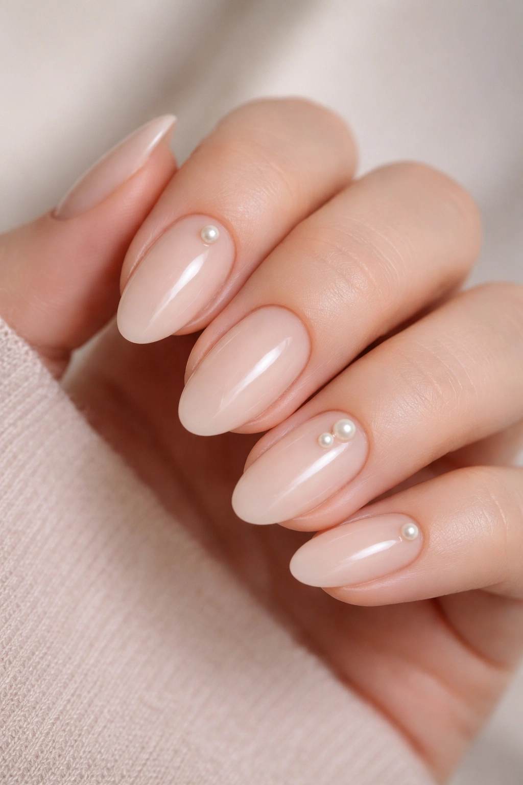 Close-up of short almond nails with milky nude base and pearl accents.
