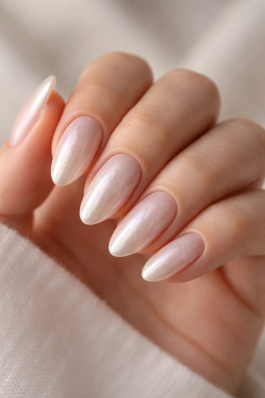 Almond nails with soft pearl shimmer and gentle iridescence