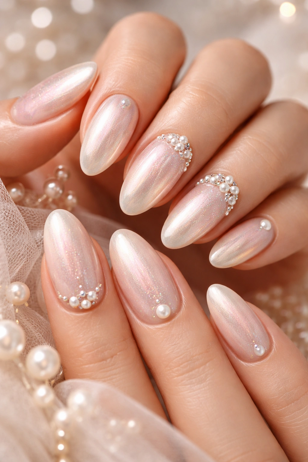 Close-up of hands showing pearl-accented nails with a pearl-finish manicure