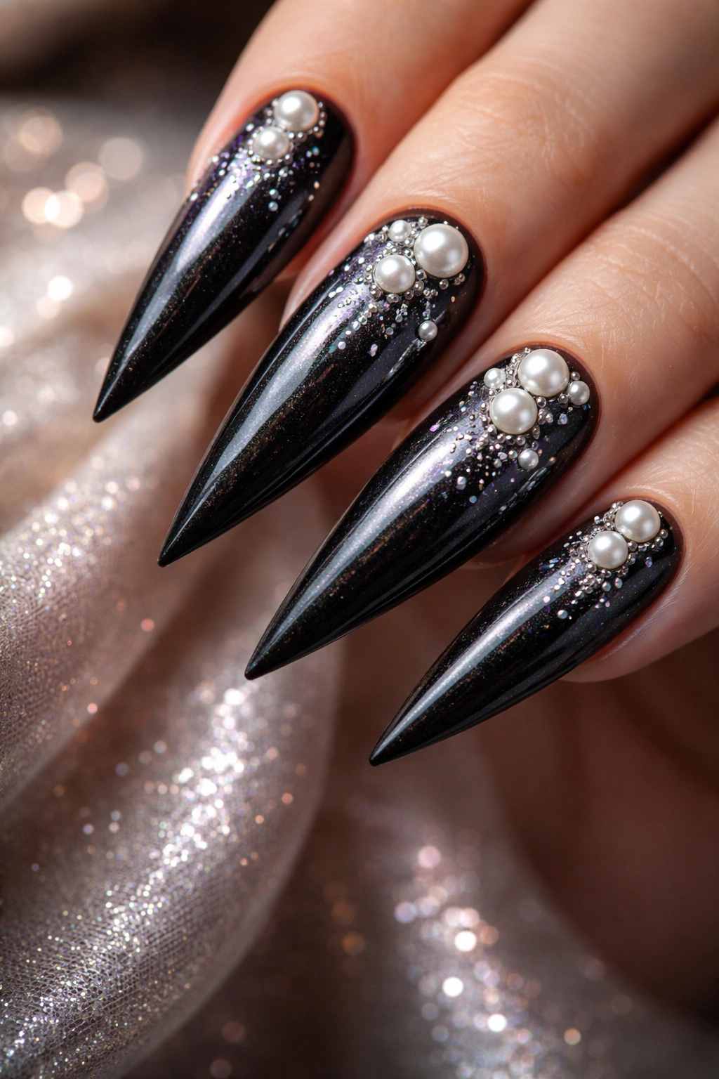 Close-up of black stiletto nails with pearl accents and pearlescent finish