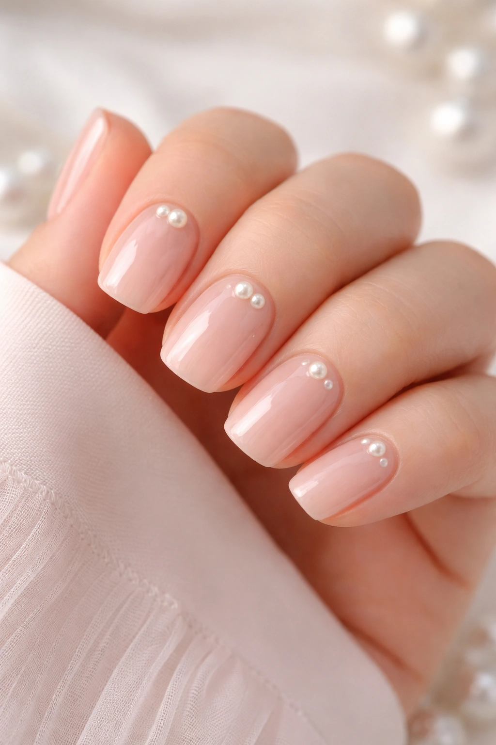 Short squoval nails with pearl embellishments on soft nude base