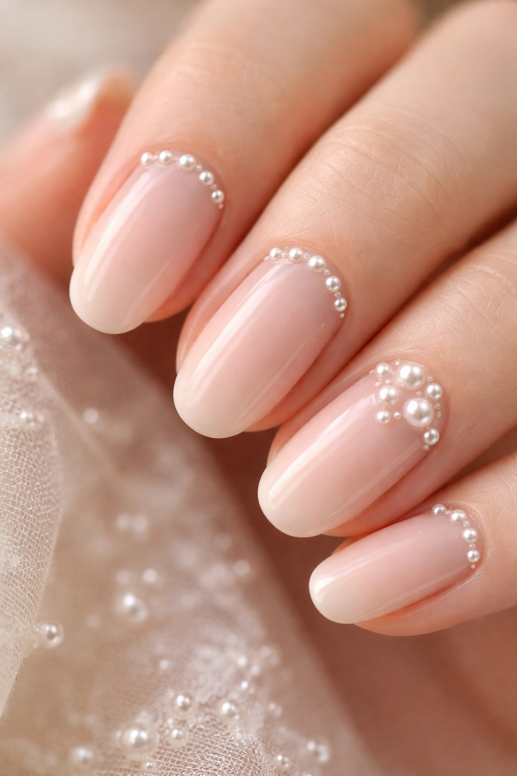 Nails with tiny pearl accents along cuticle and on an accent nail