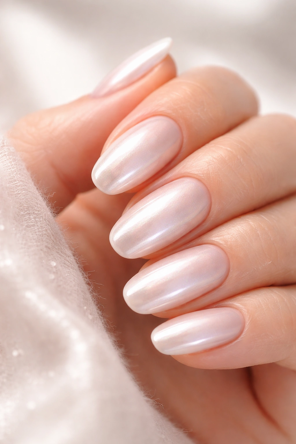 Close-up of hands with pearl glazed finish nails
