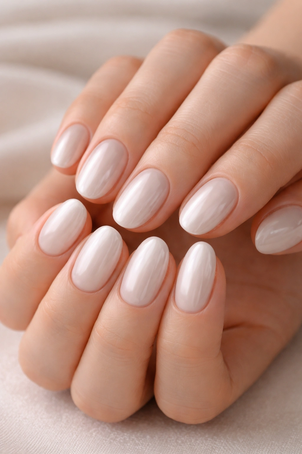 Close-up of white pearl short oval nails with a glossy finish on a clean hand