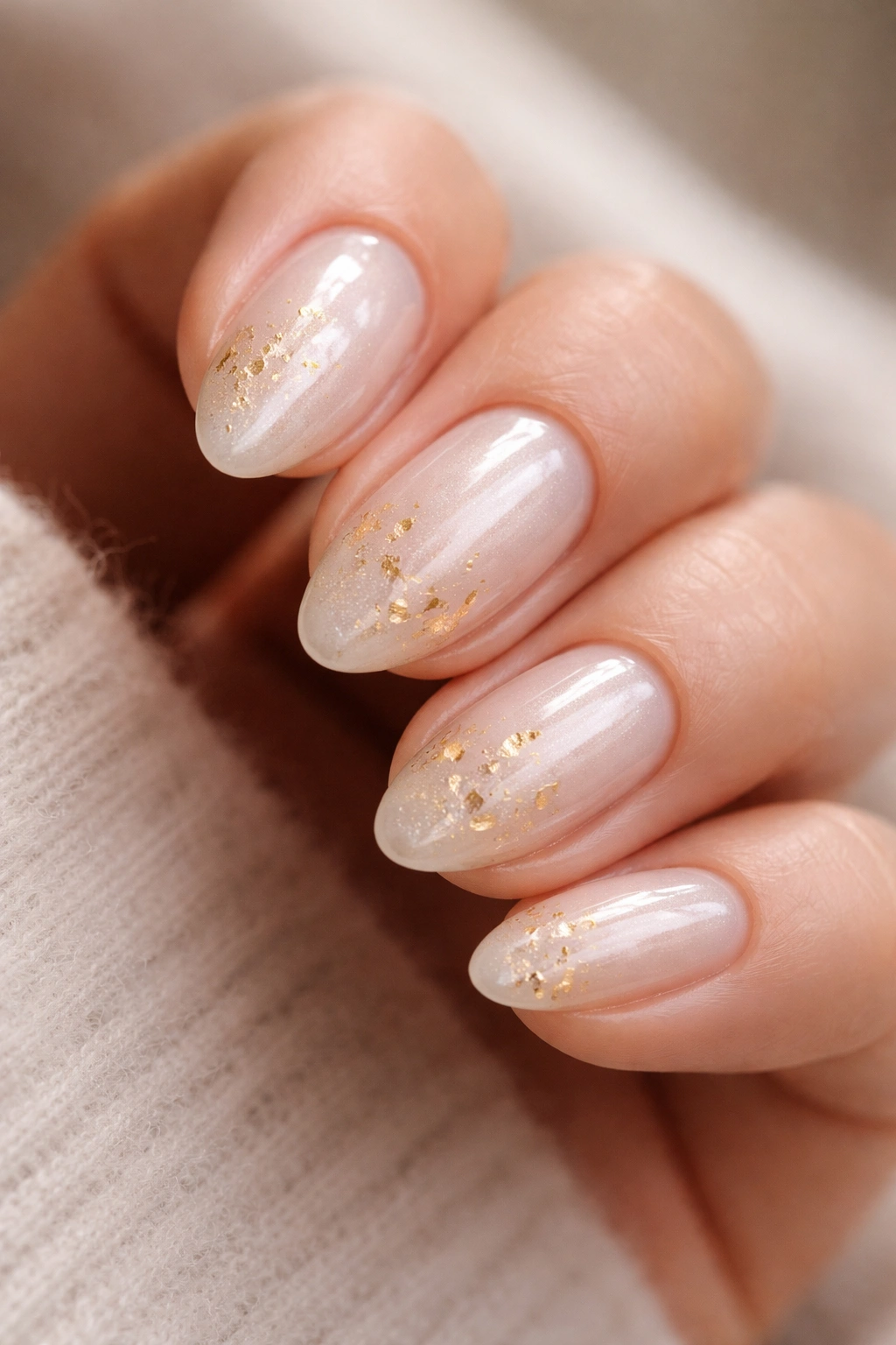 Close-up of short almond nails with pearl base and gold foil accents